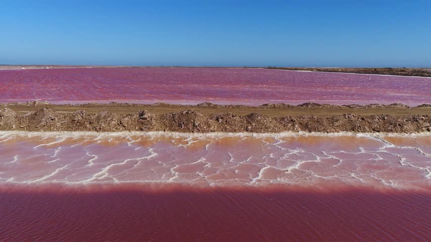 Aerial view of pink salt evaporation ponds near Walvis Bay, Namibia. Camera glides over basins, ripples, mud banks, salt crusts, and earthen berms at midday.