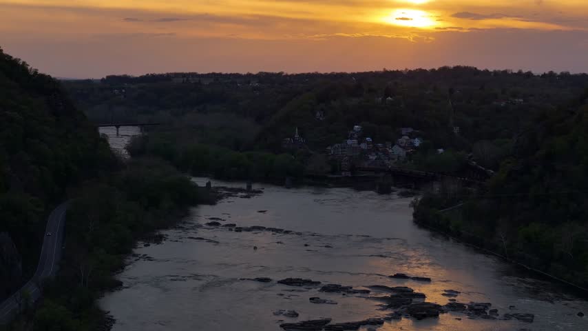 Aerial sunset view over Potomac River near Harpers Ferry in Jefferson County West Virginia