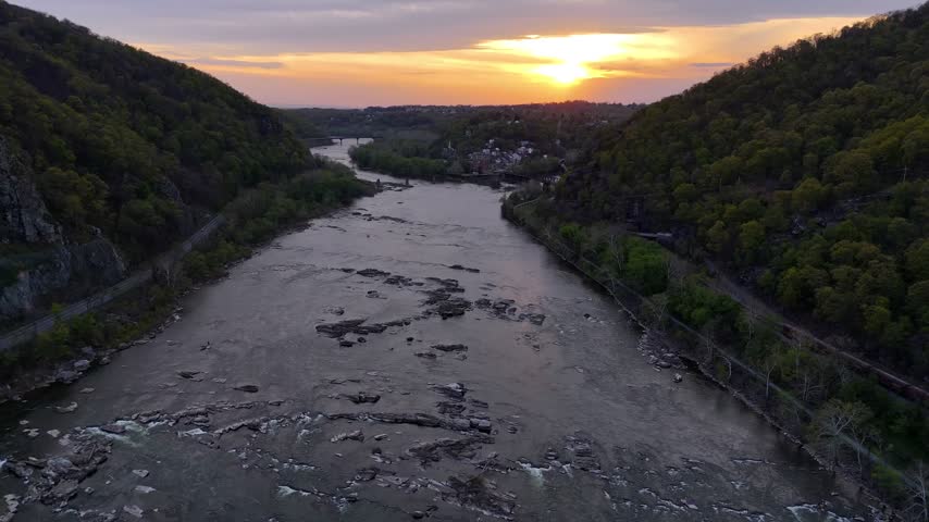 Aerial sunset view along Potomac River valley near Harpers Ferry in Jefferson County West Virginia