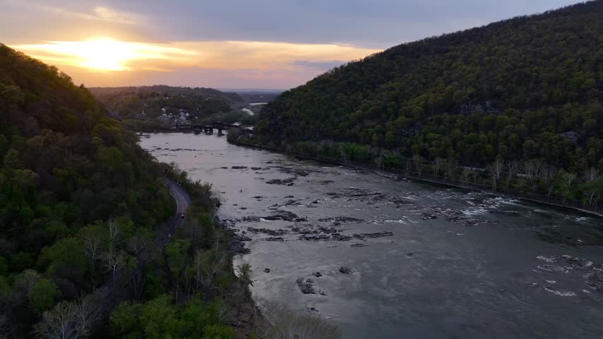 Aerial sunset view of Potomac River valley near Harpers Ferry in Jefferson County West Virginia