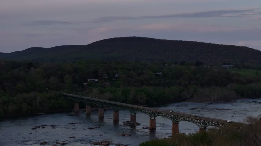Aerial view of railroad bridge crossing Potomac River near Harpers Ferry West Virginia