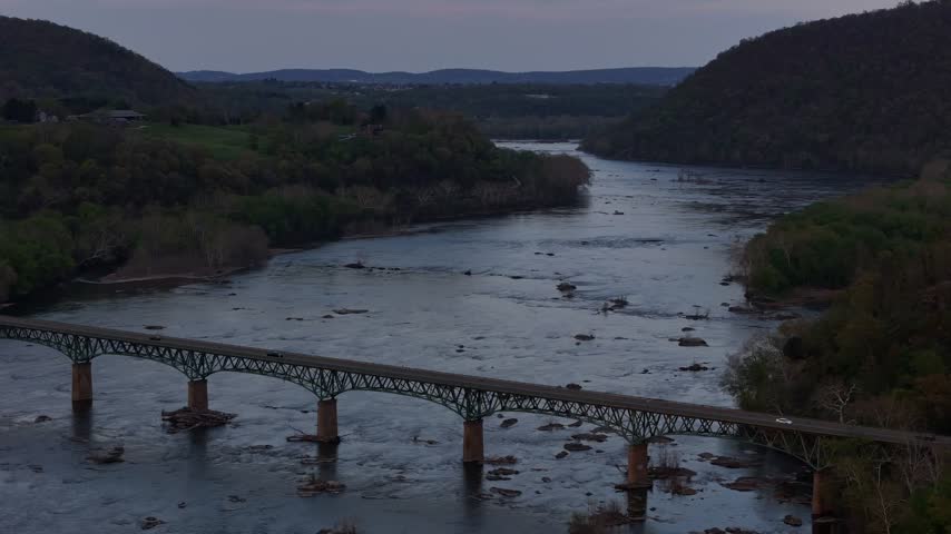 Aerial view of railroad bridge crossing Potomac River near Harpers Ferry West Virginia
