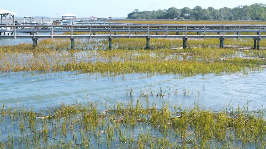 Flowing salt water tidal creek at a very high tide with marsh grass, and a dock boardwalk in the background, 4k, slow motion.