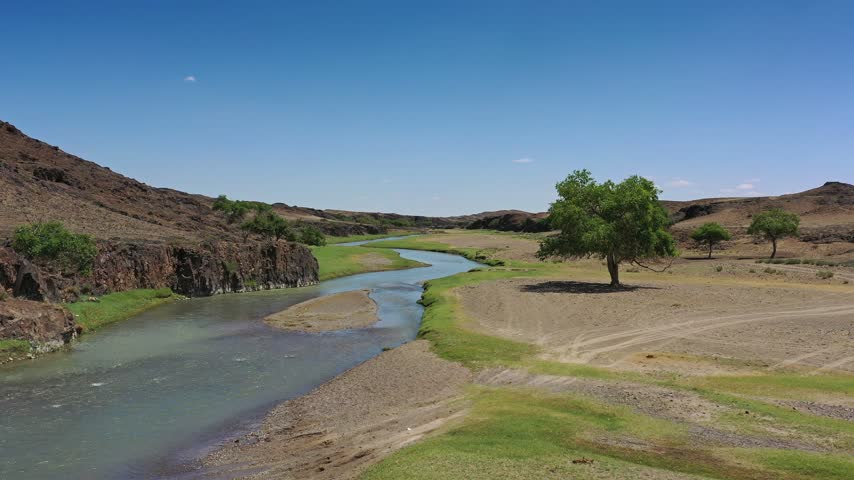 Aerial view of a winding river flowing through a dry valley with rocky hills and green trees under a clear blue sky in Mongolia.