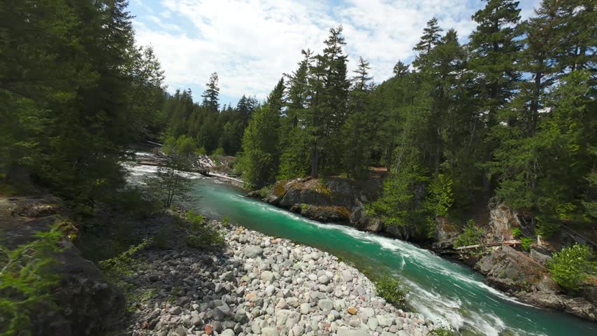 ow angle aerial shot tracking along a swift mountain river with white water rapids, a large pile of fallen logs, and dense green forests on a bright day.
