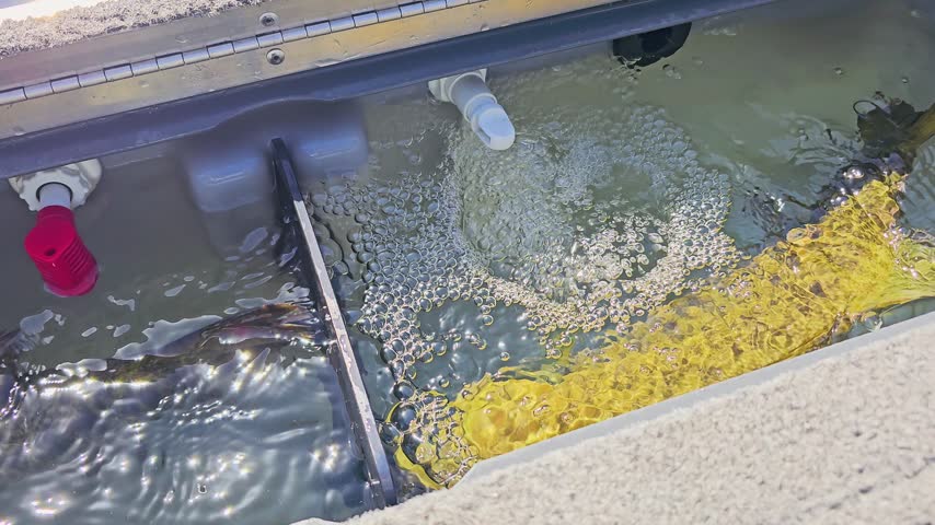 Boat live well compartment filled with water and smallmouth bass, featuring aerator bubbles, divider panel, red plug, and outdoor freshwater angling atmosphere.