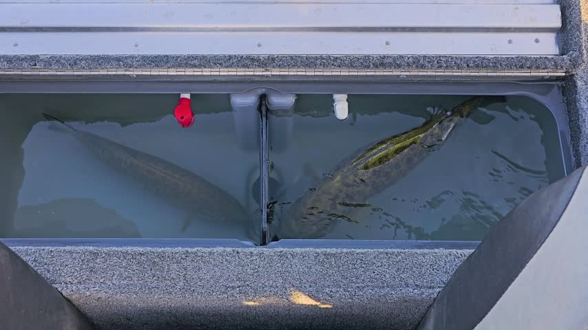 Freshly caught smallmouth bass held in a bass boat live well, showing fish shadows, ripples, gray tank interior, and outdoor freshwater angling scene before release.