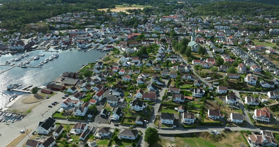 Aerial view of Lillesand coastal town Norway showing seaside village