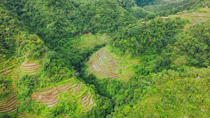 Drone pulls back revealing the vast Batad Rice Terraces landscape