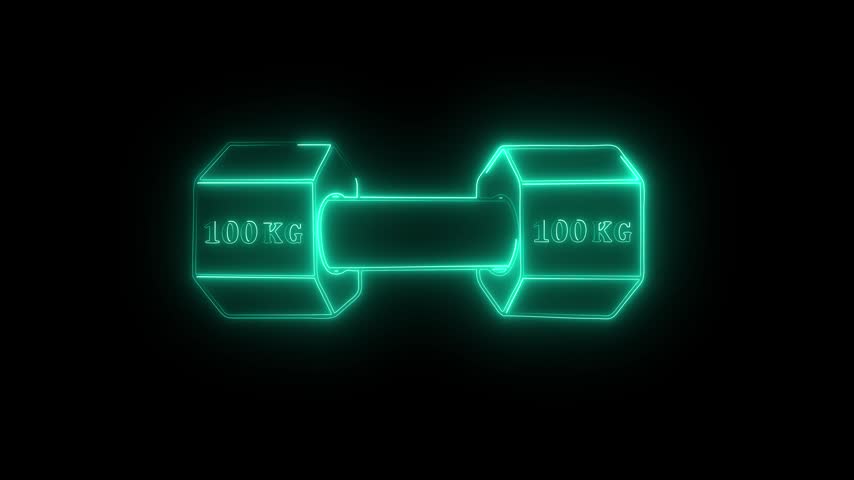 Dumbbell simple clipart, 100 kg weight and gym icon neon line animation Isolated . Muscle lifting, fitness barbell, weight, crossbar gym, sports equipment symbol, exercise barbell.black background