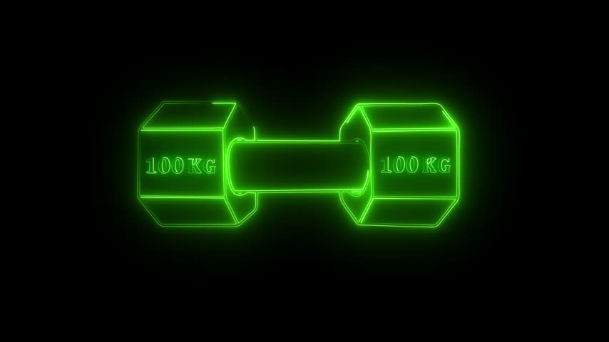 Dumbbell simple clipart, 100 kg weight and gym icon neon line animation Isolated . Muscle lifting, fitness barbell, weight, crossbar gym, sports equipment symbol, exercise barbell.black background