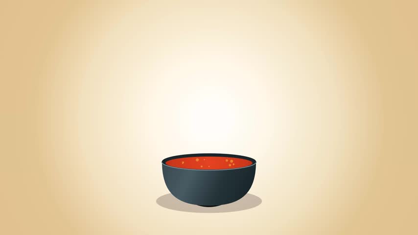 Animated flat vector illustration of cooking ingredients including egg, noodles, chili peppers, and shrimp falling one by one into a bowl with playful bounce effects.