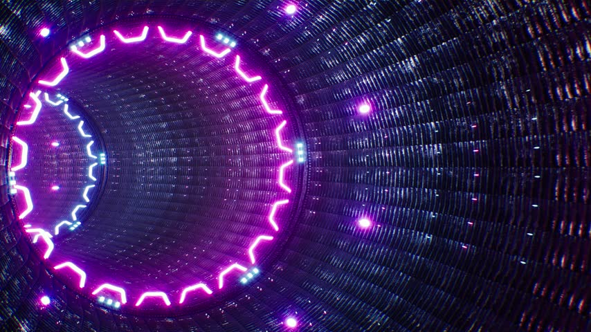 A futuristic looping motion graphic showcasing a dark metal tunnel illuminated by blinking neon lights.