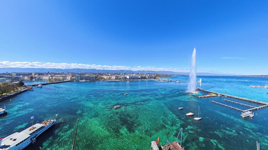 Aerial Drone Flight Over Geneva, Lake and Jet d