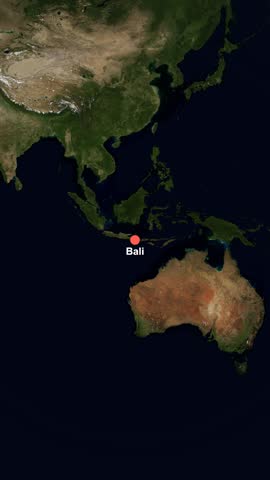 Vertical animated satellite map flyover tracing a travel route from Bali, Indonesia to Santorini, Greece.