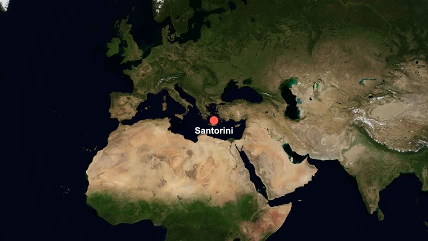 Landscape animated satellite map flyover tracing a travel route from Santorini, Greece to Bali, Indonesia.
