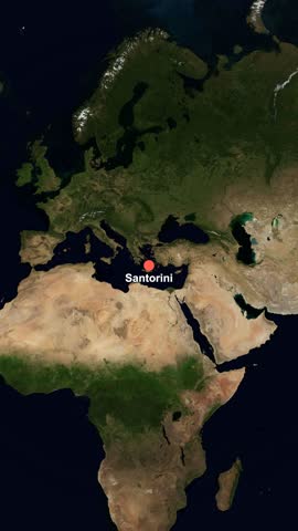 Vertical animated satellite map flyover tracing a travel route from Santorini, Greece to Bali, Indonesia.