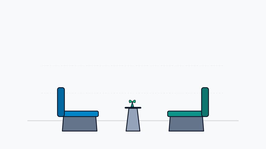 A short animation featuring two stylized stick figure characters sitting opposite each other at a small table, engaging in a conversation with speech bubbles appearing.