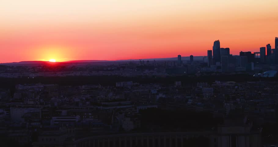 Beautiful sunset over Paris in August; view from above