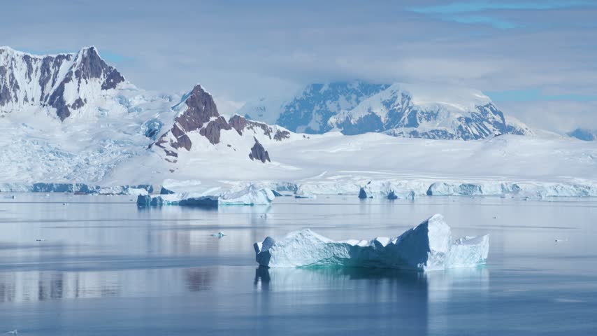 Antarctica Epic Icebergs Float on Calm Water, Bismarck Strait Close Up, Snow-Capped Mountain Range, Polar Seascape and Glacial Landscape Beautiful