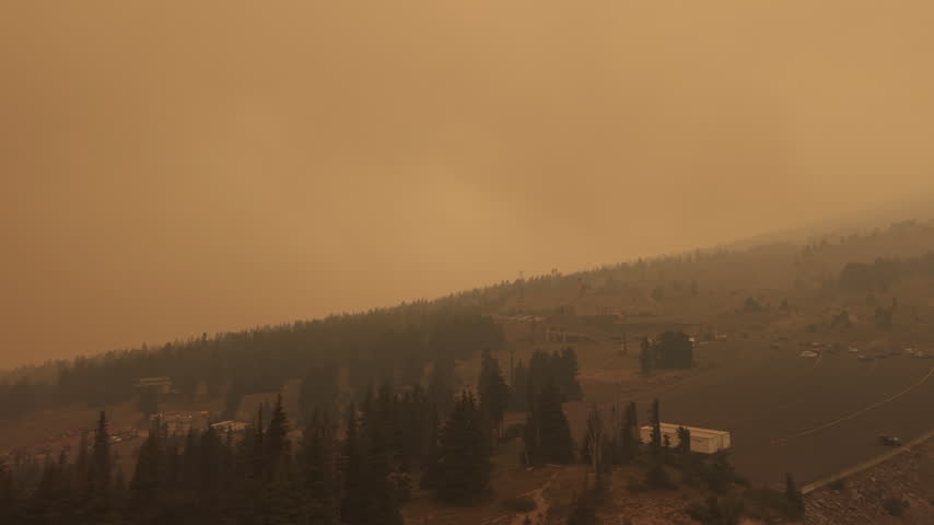 Aerial drone view of Timberline Lodge at Mount Hood during heavy smoky conditions caused by the Grasshopper Fire.