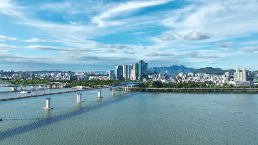 Aerial Drone View of Dangsan Station Cityscape and Han River Landscape in Seoul, South Korea