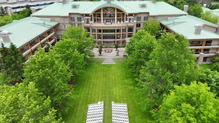 A resort surrounded by lush vegetation.