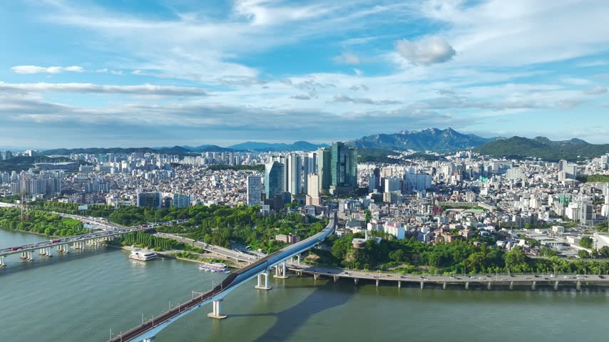 Aerial Drone View of Dangsan Station Cityscape and Han River Landscape in Seoul, South Korea