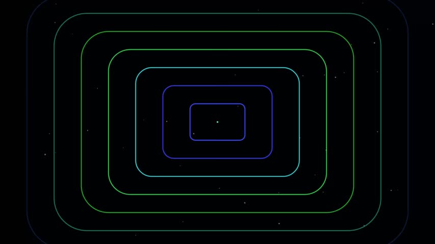 Vibrant motion graphics animation featuring an infinite tunnel of concentric glowing green, cyan, and blue rounded rectangles. Designed with floating star particles over a dark space backdrop. Ideal visual asset for gaming backgrounds, VJ stage screens, Sci-Fi portals, metaverse environment overlays, and retro-futuristic music visualizers.