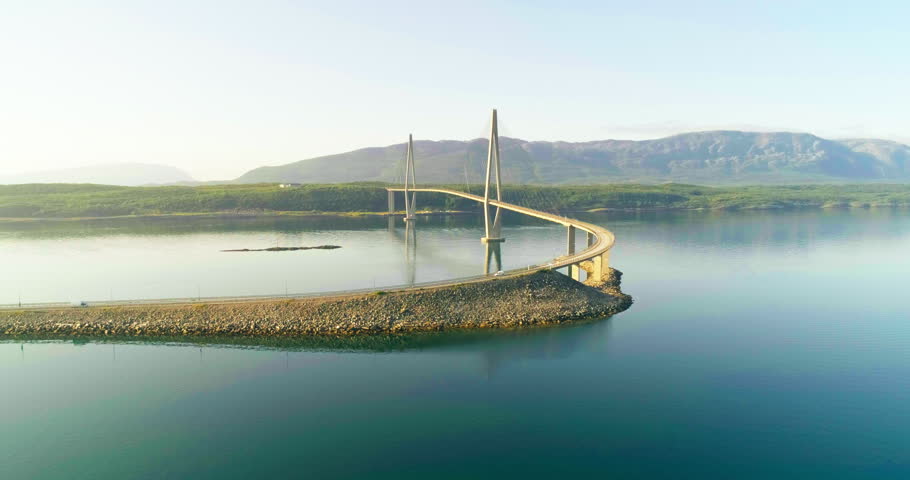 Curved Helgeland Bridge and Roadway over Calm Leirfjorden, Norway
