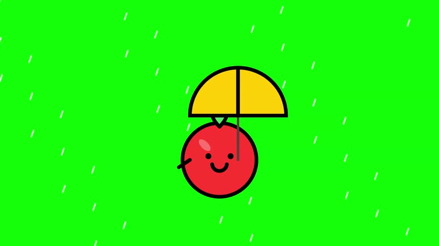 Cheerful red round character with a friendly face holds a yellow umbrella during rain showers. Minimalist vector design with bold outlines on a vibrant green background.