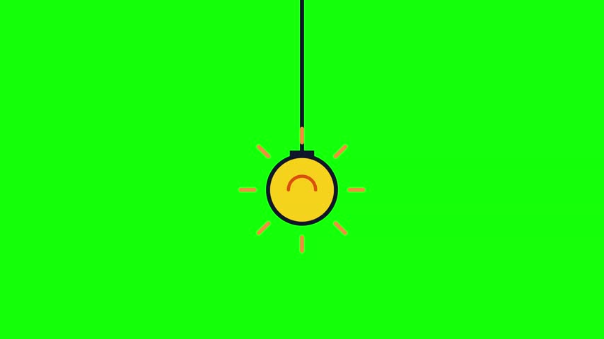 Minimalist 2D vector icon of a sad yellow sphere hanging from a cord. Features orange radiating lines against a solid chroma key green background for digital compositing.
