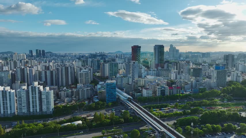 Aerial Drone View of Dangsan Station Cityscape and Han River Landscape in Seoul, South Korea