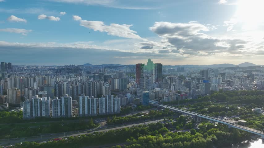 Aerial Drone View of Dangsan Station Cityscape and Han River Landscape in Seoul, South Korea