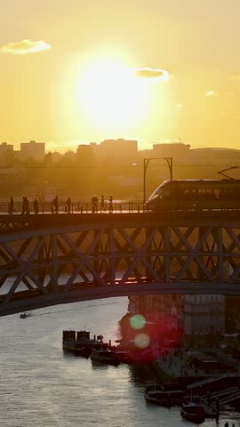 Sunset Dom Luis I Bridge In Porto Portugal. Scenic Railway Station And Skyscrapers From Above. Sunrise Cities Of The World Landscape. Landmark Town. Porto Portugal.
