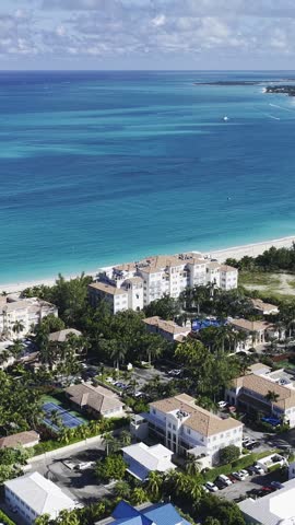 Grace Bay Beach In Providenciales Overseas Territory Turks And Caicos Islands. Aerial View Of Stunning Beach With Crystal Clear Waters. Landmark Town. Cities Of The World Landscape.