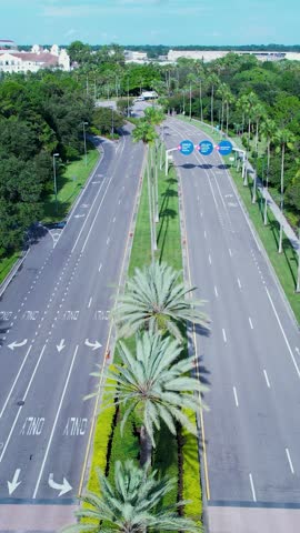 Universal Entrance In Orlando Florida United States. Stunning Landscape Of Highway Road Viewed From Above. District Skyline. Urban Backgrounds. Orlando Florida.
