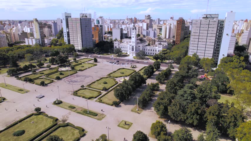 4K drone aerial view of Plaza Moreno and La Plata City Hall in Buenos Aires, Argentina. Historic central square surrounded by distinctive architecture and the urban heart of the city.