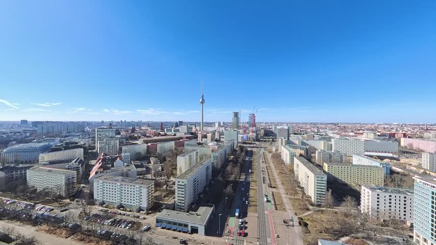 Drone Flight Above Frankfurter Allee Approaching Alexanderplatz, Berlin Germany