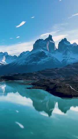 National Park In Torres Del Paine Puerto Natales Chile. Birds Eye View Of Peaceful Mountains Valley And Forest Trees. Patagonia Alps. Snow Covered Mountain. Torres Del Paine Puerto Natales.