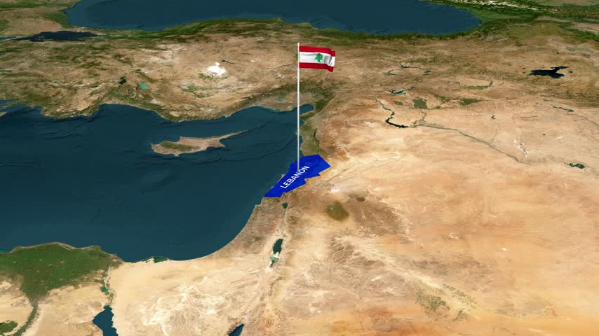 Satellite Map View of Lebanon Highlighted with Waving Flag Pin