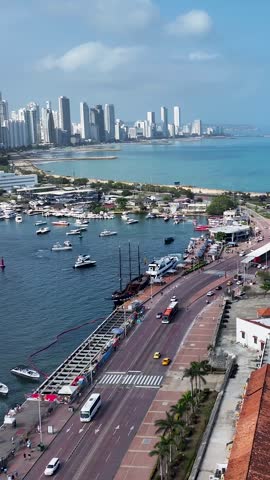 Historical Center In Cartagena De India Bolivar Colombia. Breathtaking Aerial View Of A Lush Tropical Coastline Scenery. District Skyline. Cities Of The World Landscape. Cartagena de India Bolivar.