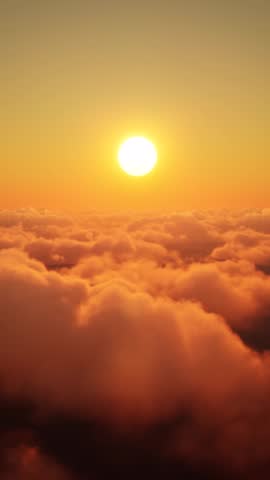 Vertical 3D animation of a private business jet airplane flying forward towards a bright golden sun during sunset or sunrise above a thick blanket of fluffy clouds.