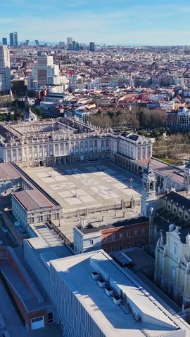 Royal Palace In Madrid Spain. Aerial View Of A Bustling City With High-Rise Buildings And Traffic. Landmark Town. Downtown Cityscape. Madrid Spain.