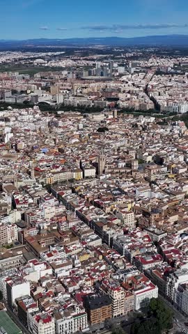 Valencia Skyline In Valencia Spain. Aerial View Of A Bustling City With High-Rise Buildings And Traffic. District Skyline. Cities Of The World Landscape. Valencia Spain.