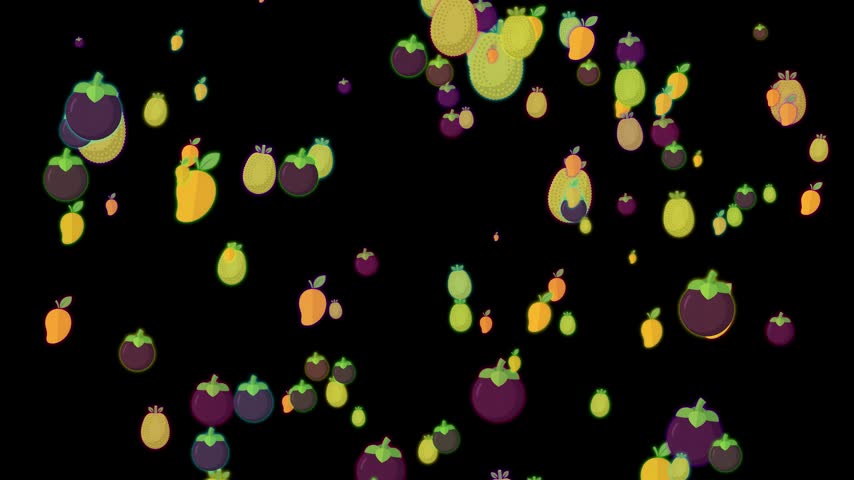 2D motion graphics animation of stylized tropical fruits including mangosteen, mango, and jackfruit floating against a black background, minimalist flat vector art style for food.