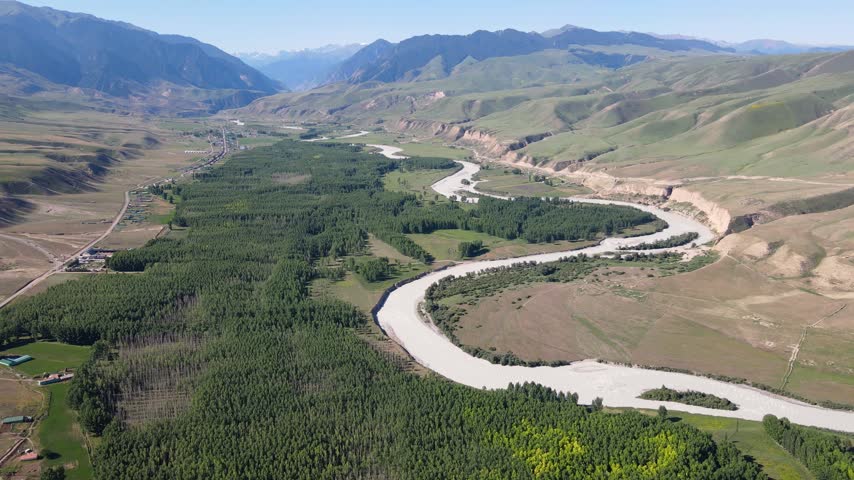Aerial View of Kekesu River, Forest, and Grassland in Yili, Xinjiang, China
