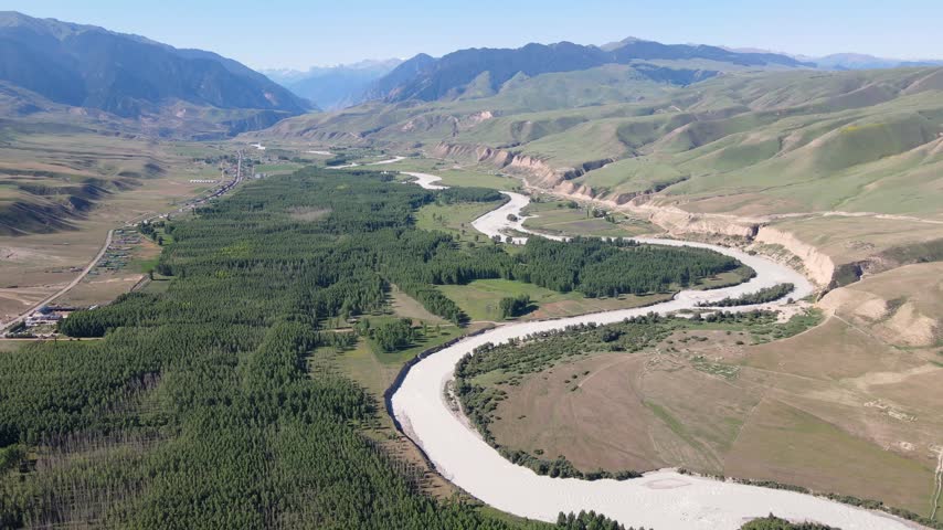 Aerial View of Kekesu River, Forest, and Grassland in Yili, Xinjiang, China