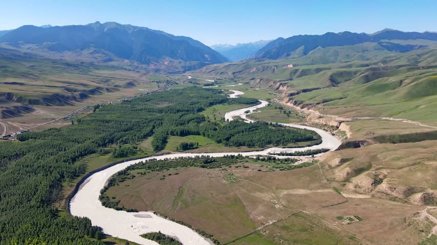 Aerial View of Kekesu River, Forest, and Grassland in Yili, Xinjiang, China