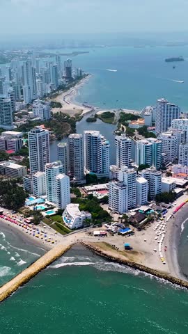 Cartagena De India Skyline In Cartagena De India Bolivar Colombia. Turquoise Ocean Waves Gently Crashing On Tropical Beach. Cities Of The World Landscape. Landmark Town. Cartagena de India Bolivar.